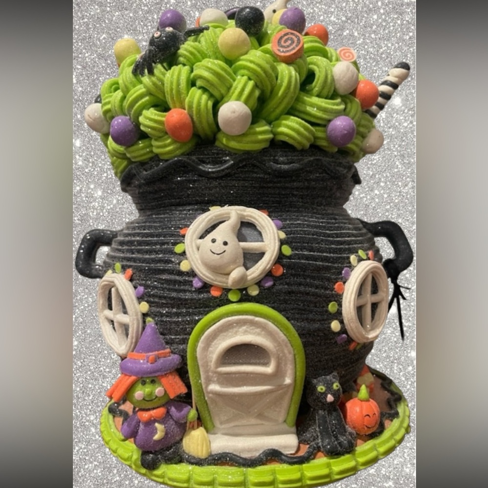 Candy Corn Lane LED Cauldron Halloween Gingerbread house LARGE HTF